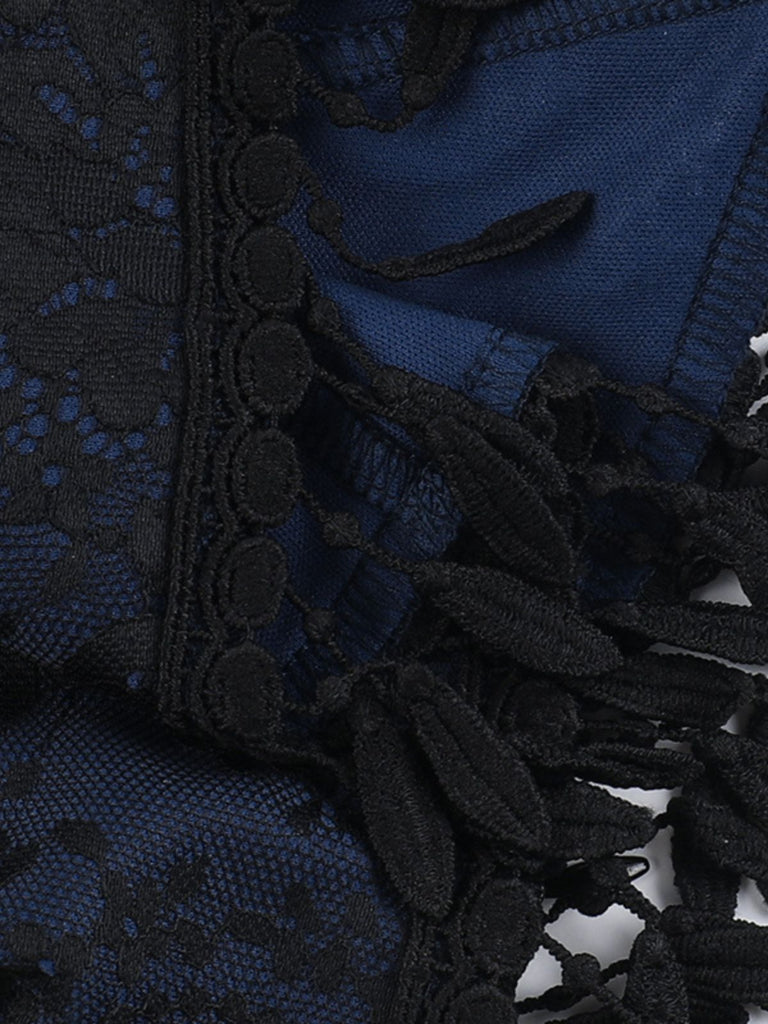 Dark Blue 1930s Halloween Off-Shoulder Lace Tassel Top