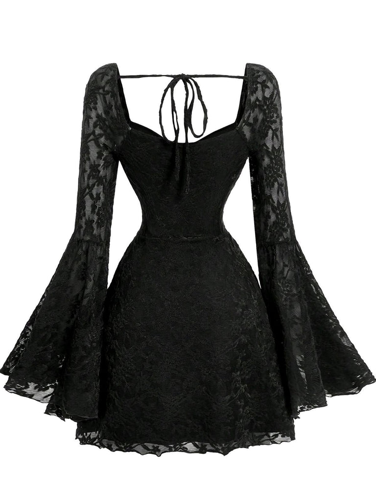 Black 1960s Lace Bell Sleeve Back Tie Dress