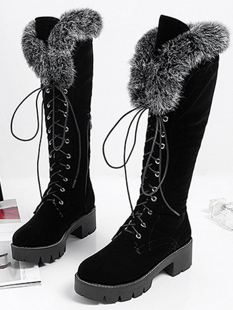 Retro Furry Chunky Heel Snow Boots