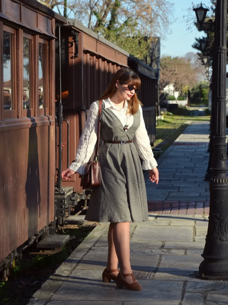 Grey 1940s Deep V-Neck Glen Plaid Dress