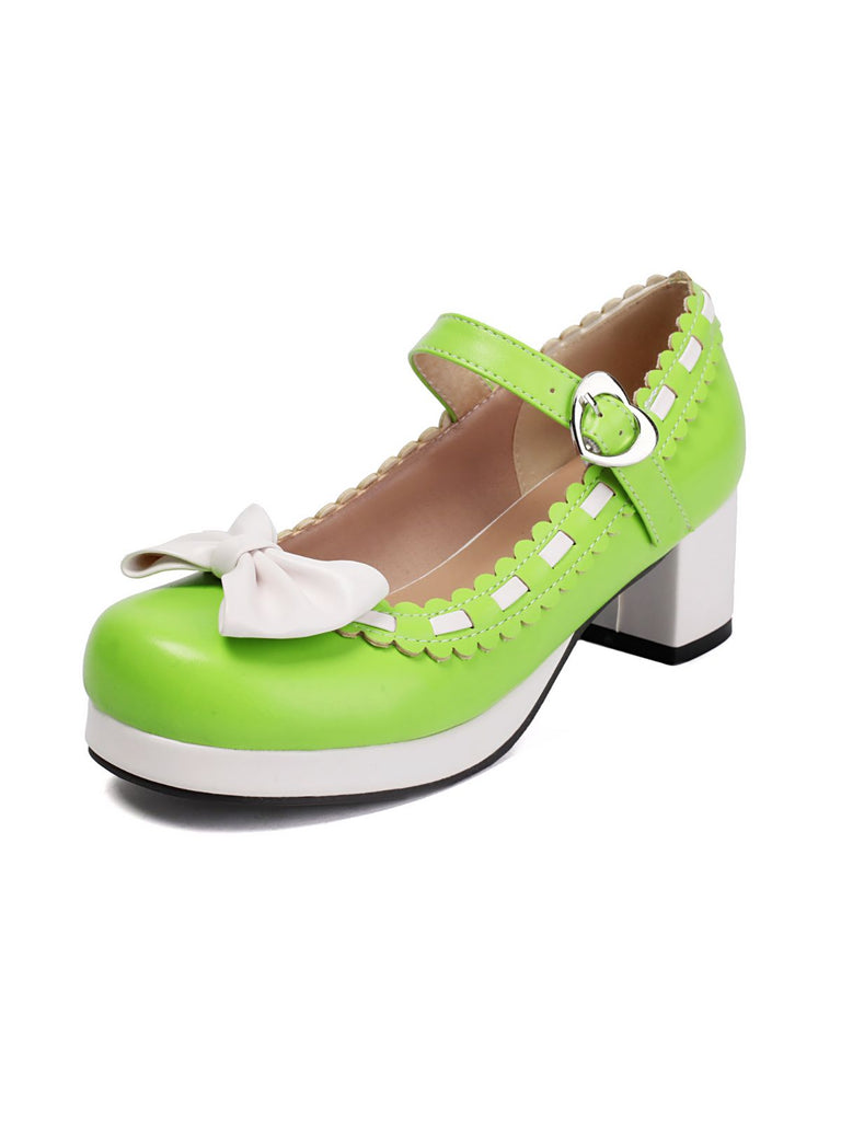 Chunky Heel Two Tone Bow Marry Jane Shoes