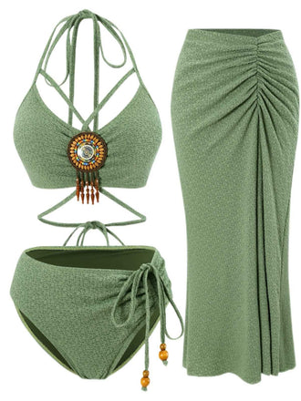 Green 1970s Boho Beaded Bikini Set & Ruched Cover-Up