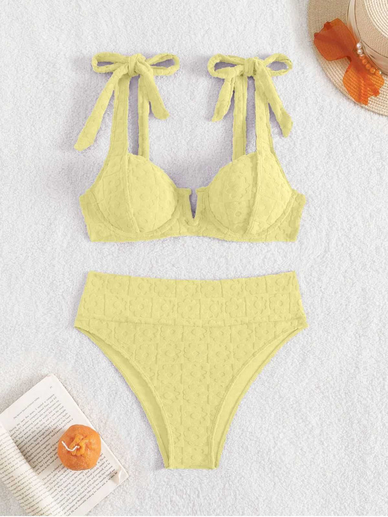 1950s Strap Floral Textured Solid Bikini Set