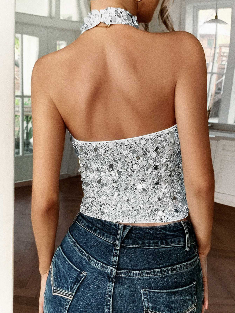 Metallic 1970s Halter Sequin Sleeveless Top