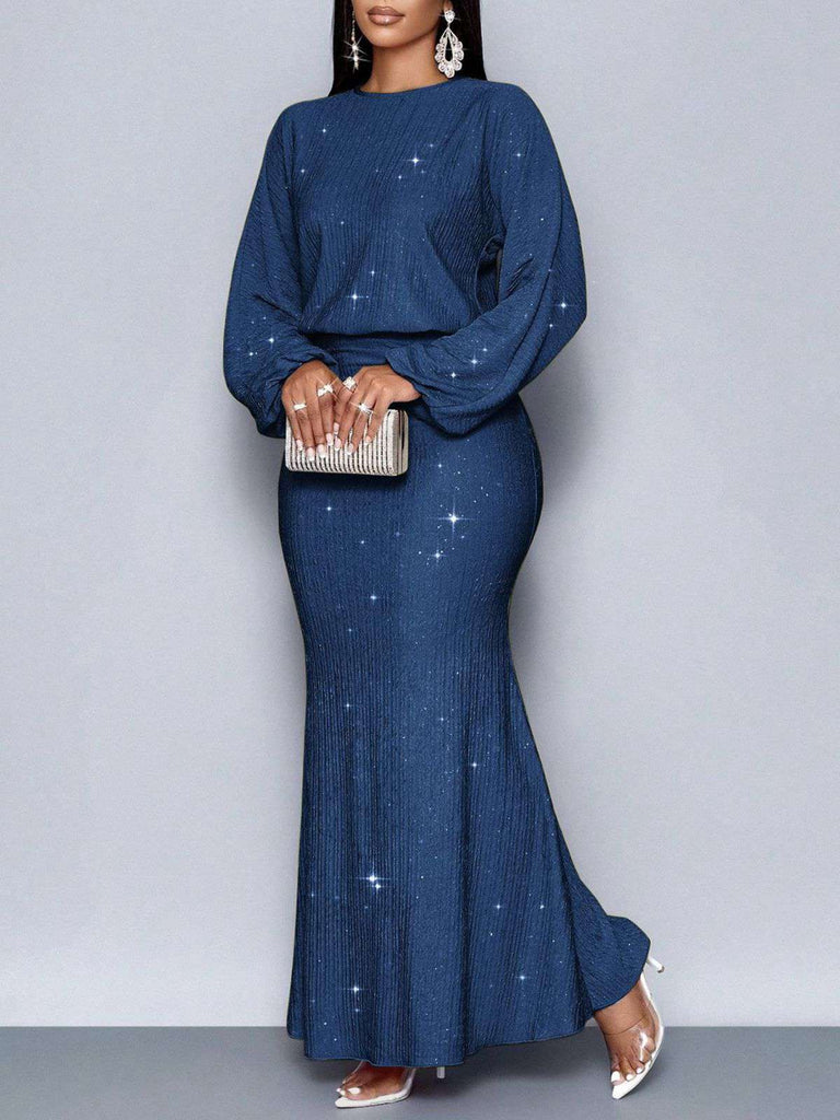 1930s Glitter Ruched Lantern Sleeve Knit Fishtail Dress
