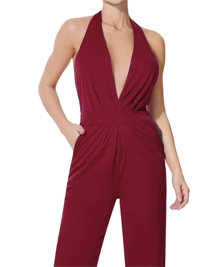 Wine Red 1970s Halter Deep V-Neck Pockets Jumpsuit