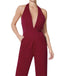 Wine Red 1970s Halter Deep V-Neck Pockets Jumpsuit