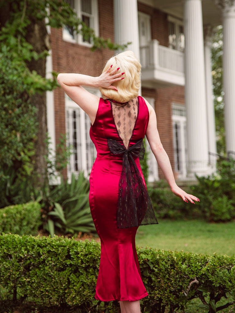 Deep Red 1930s Solid Bow Decor Fishtail Dress