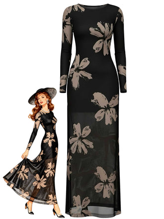 1930s Floral Mesh Long Sleeve Maxi Dress