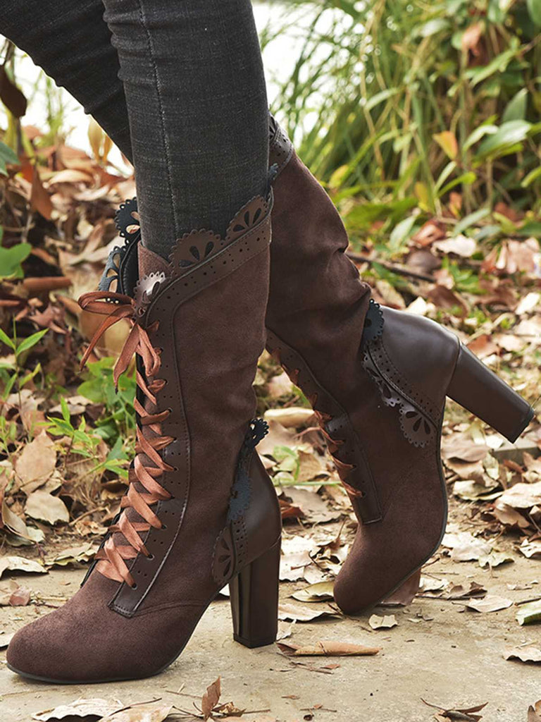 Leather Petal Edge Lace-Up Mid-Calf Boots