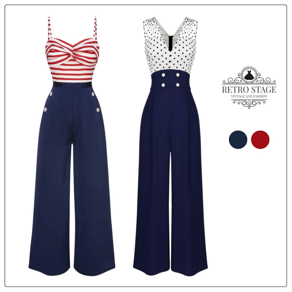 Dark Blue 1930s Spaghetti Strap Stripes Jumpsuit