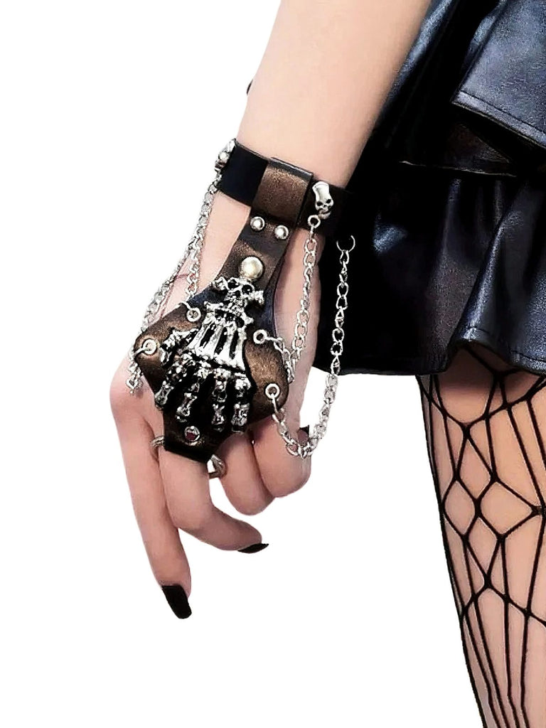 Punk Skeleton Hand Chain Leather Rivet Finger Bracelet
