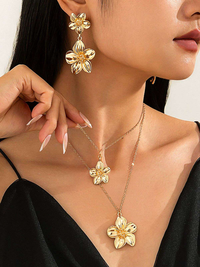 Floral Double Clavicle Necklace & Earrings Set