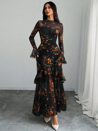 Black 1930s Floral Mesh Ruffle Maxi Dress