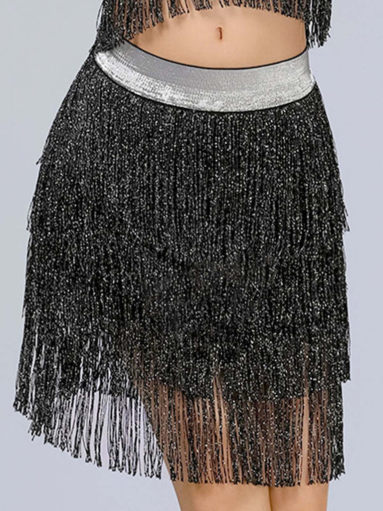 1920s Fringe Solid Elastic Waist Skirt