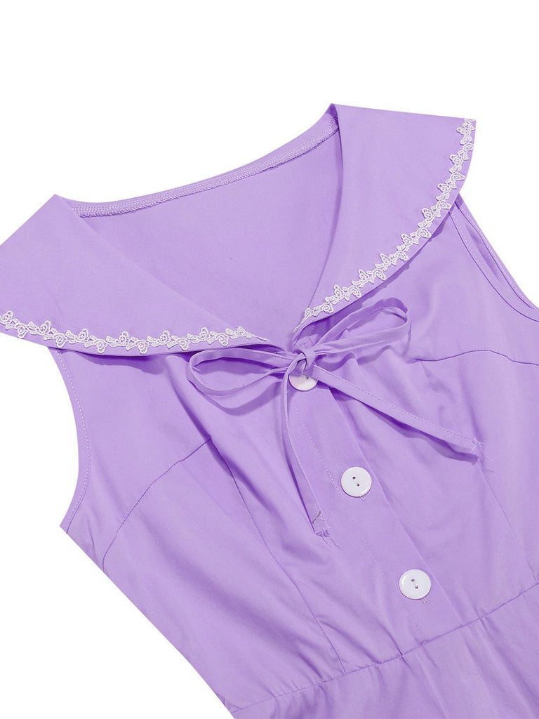 1950s Sailor Collar Bow-Tie Solid Sleeveless Dress
