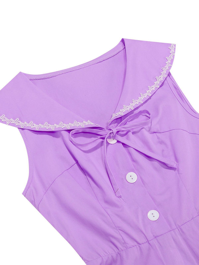 1950s Sailor Collar Bow-Tie Solid Sleeveless Dress