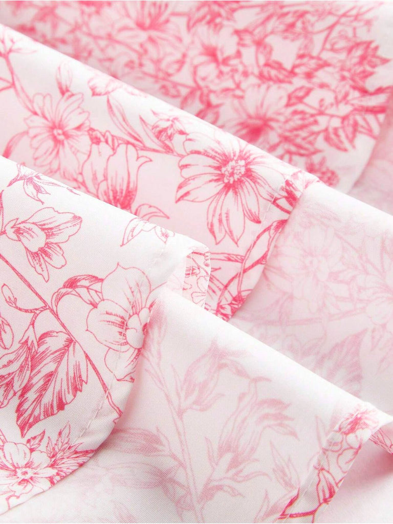 Pink 1950s Strap Floral Bow Tiered Dress