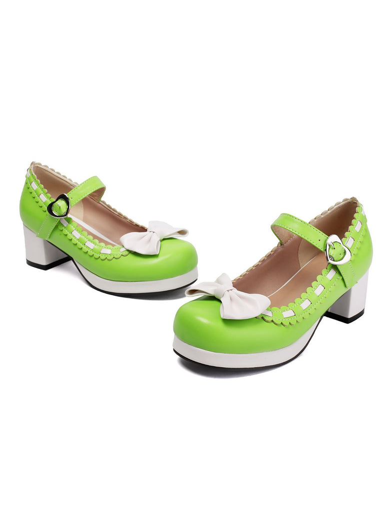 Chunky Heel Two Tone Bow Marry Jane Shoes