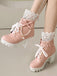 Vintage Lace Beaded Bow Chunky Heels Boots
