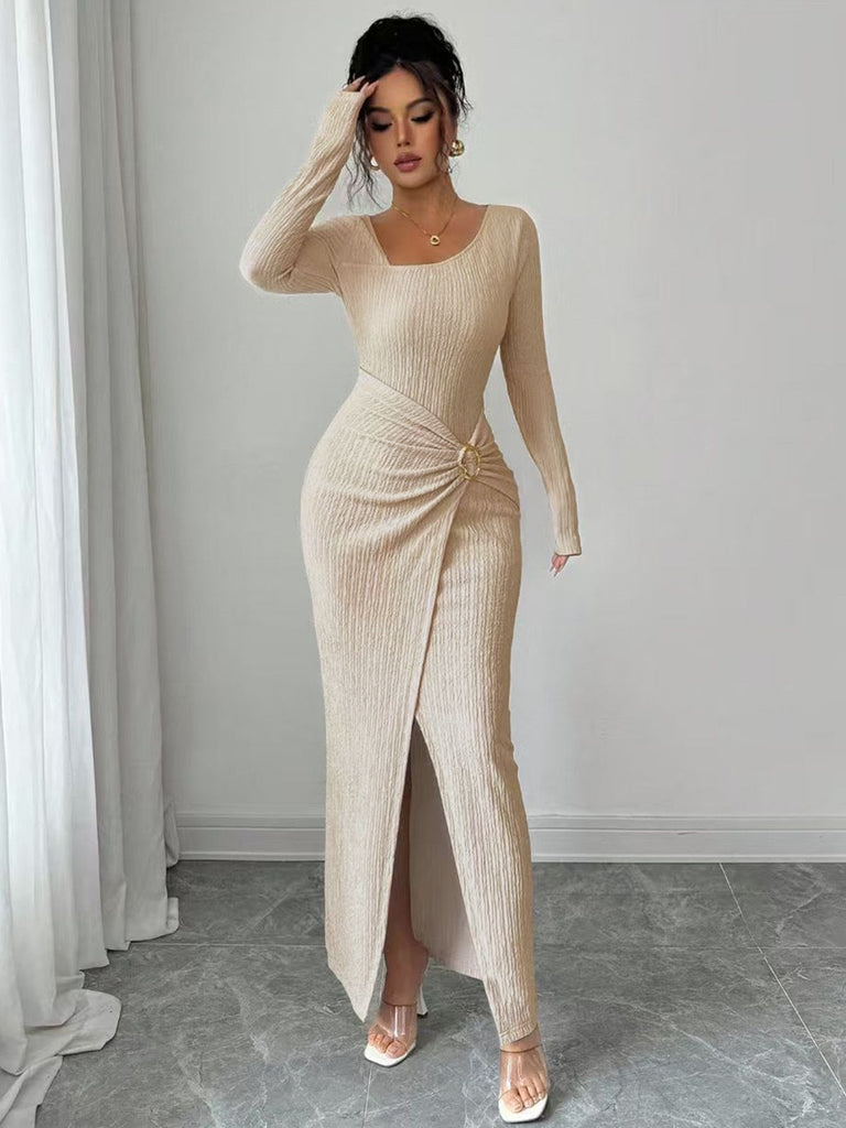 Beige 1930s Ribbed Long Sleeve Split Dress