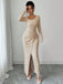 Beige 1930s Ribbed Long Sleeve Split Dress