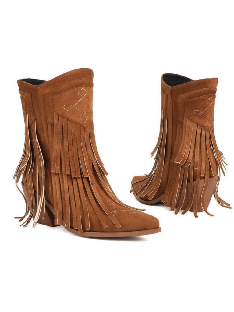 Vintage Tassel Mid Heel Flannelette Boots