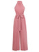 Pink 1940s Halter Slit Solid Belted Jumpsuit
