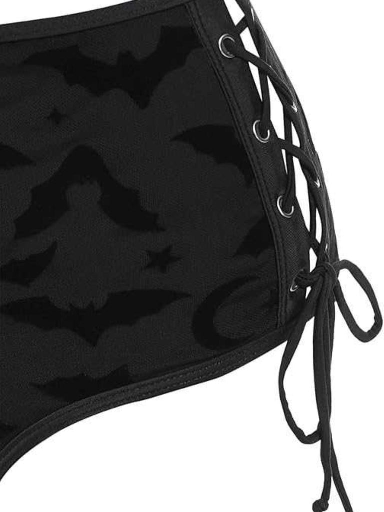 Black 1980s Strap Bat Mesh Gothic Bikini Set