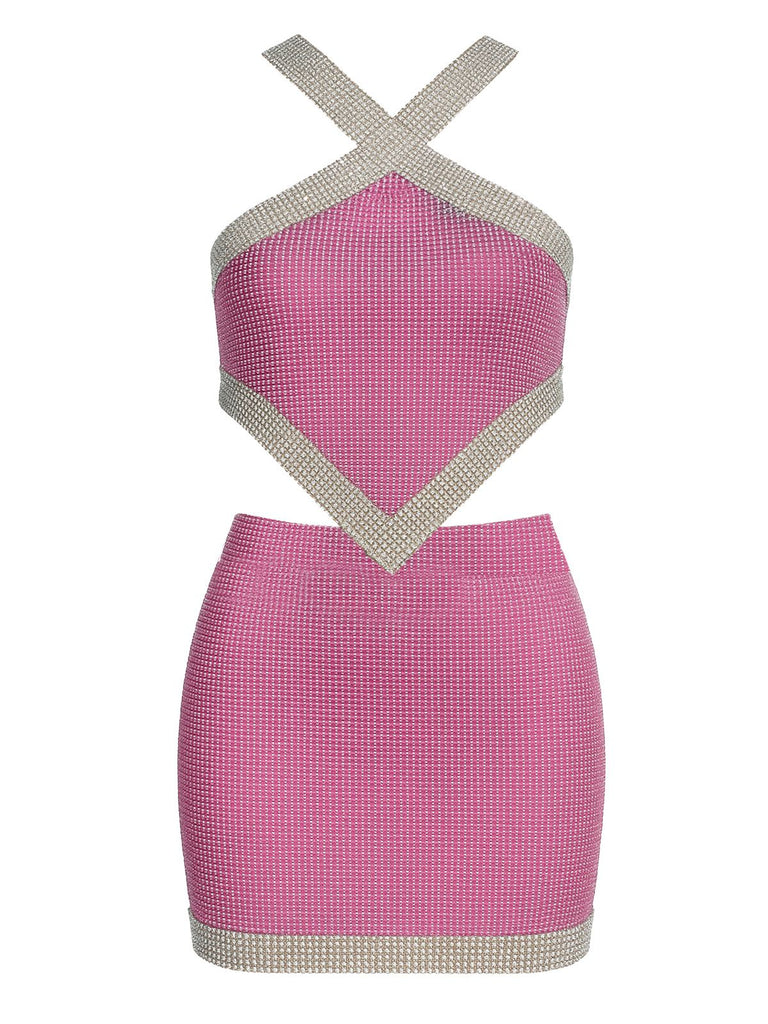 2PCS 1980s Metallic Cross Neck Top & Skirt