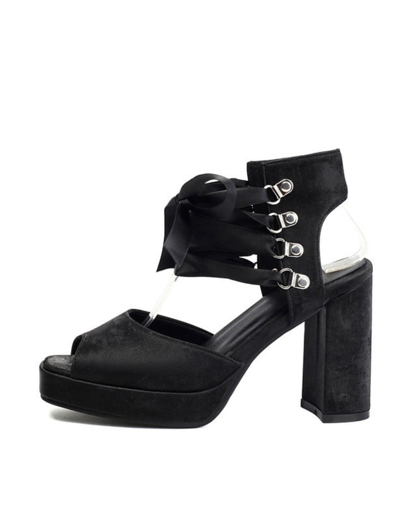 Ribbon Bow Lace-Up Chunky Heel Sandals