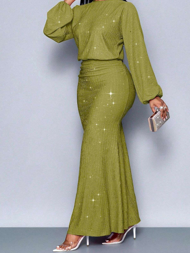 1930s Glitter Ruched Lantern Sleeve Knit Fishtail Dress