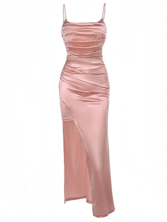 Pink 1930s Solid Satin Ruched Slit Dress