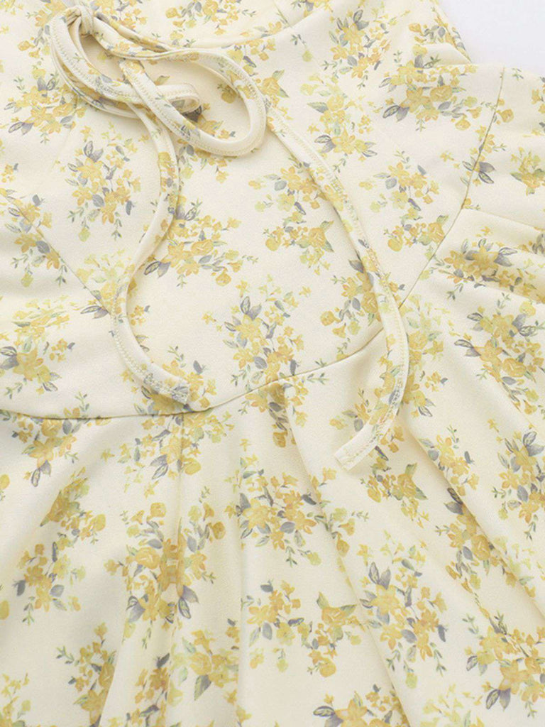 Yellow 1960s Floral Puff Sleeves V-Neck Dress