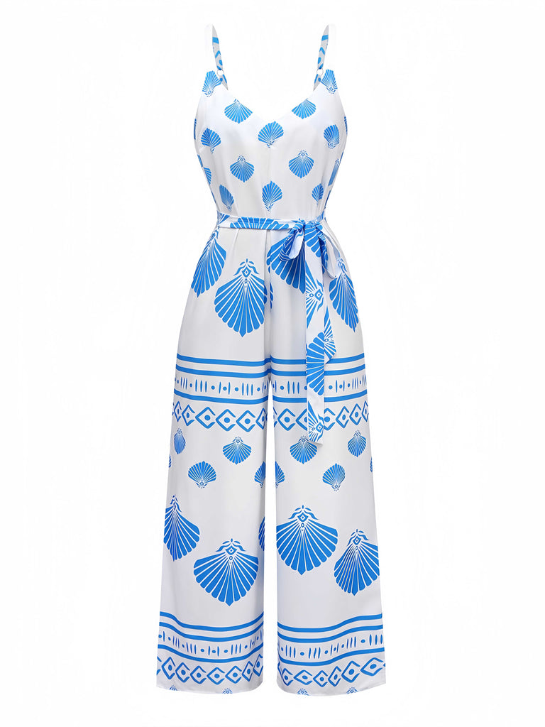 Blue 1930s Spaghetti Strap Seashell Print Belted Jumpsuit