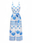 Blue 1930s Spaghetti Strap Seashell Print Belted Jumpsuit