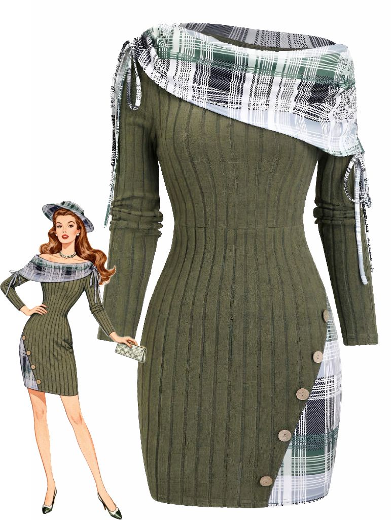 Olive Green 1960s Plaid Accent Button Detail Ribbed Dress