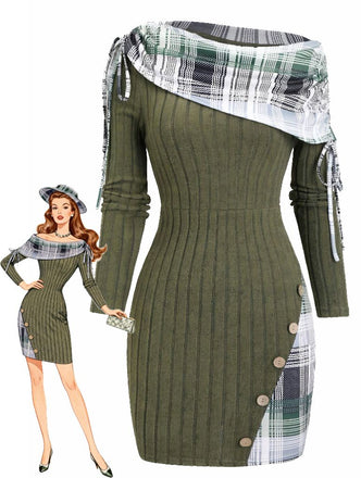 Olive Green 1960s Plaid Accent Button Detail Ribbed Dress