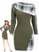 Olive Green 1960s Plaid Accent Button Detail Ribbed Dress