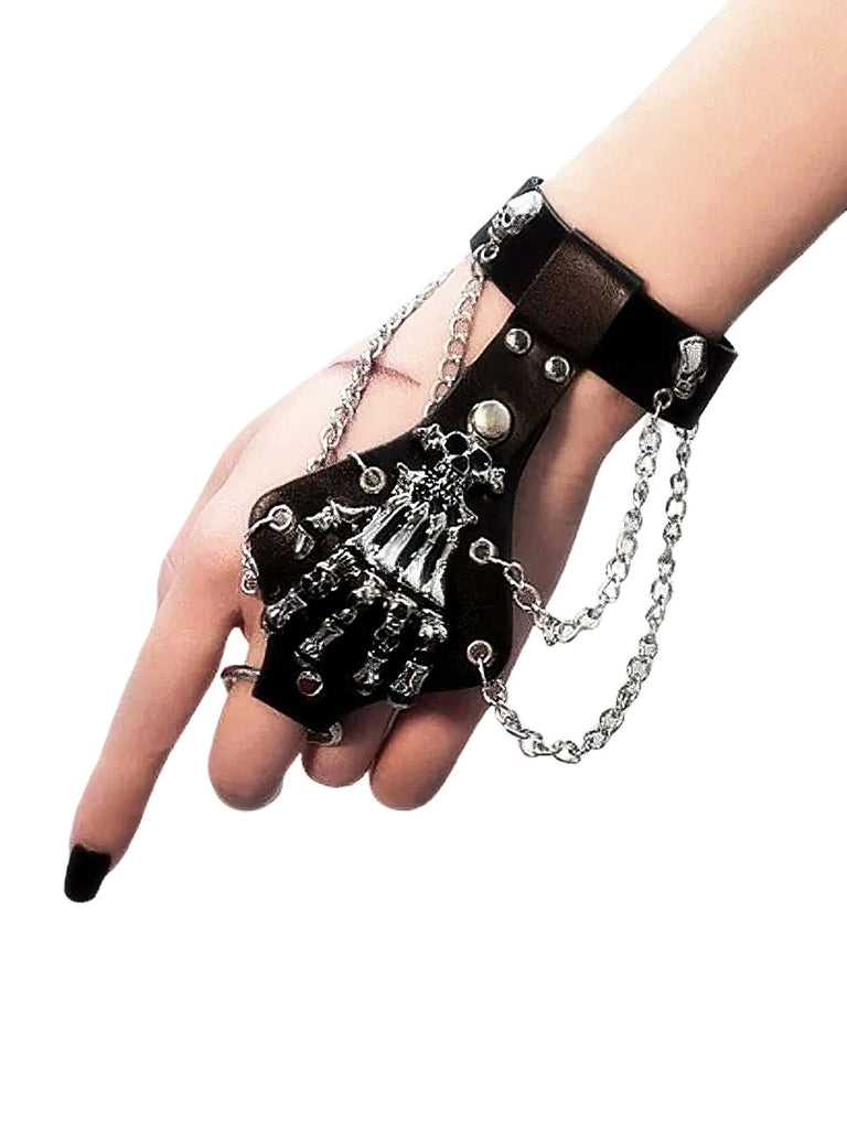 Punk Skeleton Hand Chain Leather Rivet Finger Bracelet