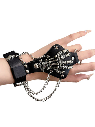 Punk Skeleton Hand Chain Leather Rivet Finger Bracelet