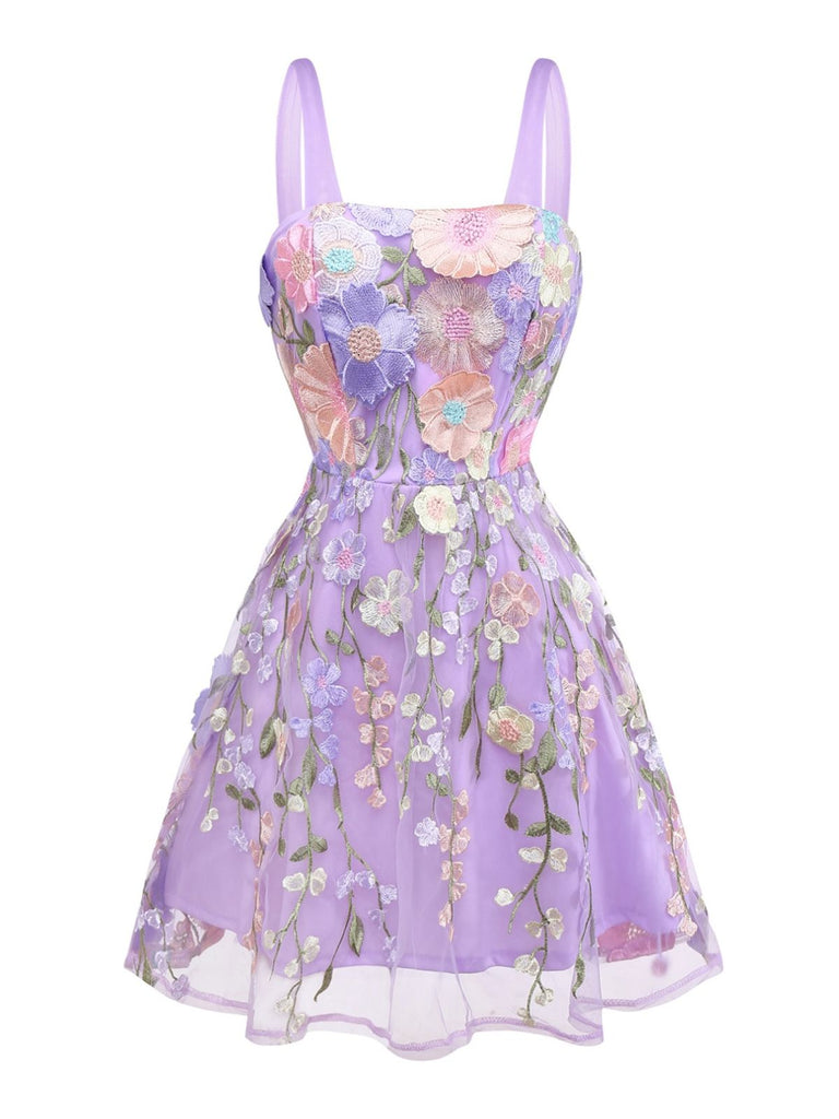 Purple 1950s Floral Embroidered Mesh A-Line Dress