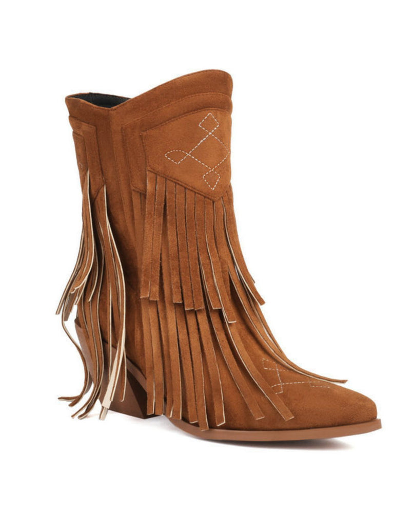 Vintage Tassel Mid Heel Flannelette Boots