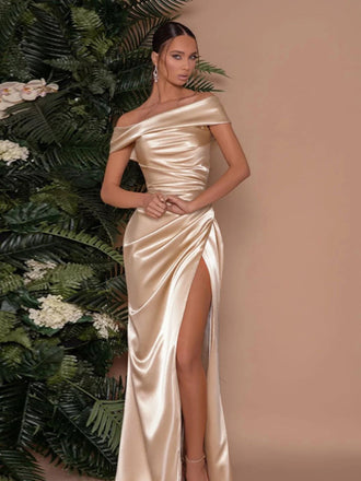 Champagne 1930s Off Shoulder Slit Satin Dress