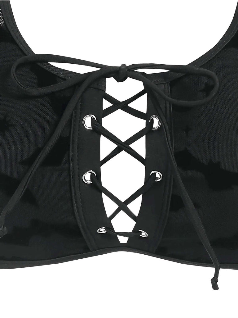 Black 1980s Strap Bat Mesh Gothic Bikini Set