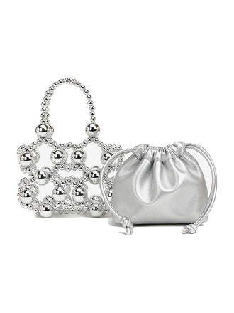 Metallic Beaded Drawstring Mini Bucket Bag