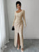 Beige 1930s Ribbed Long Sleeve Split Dress