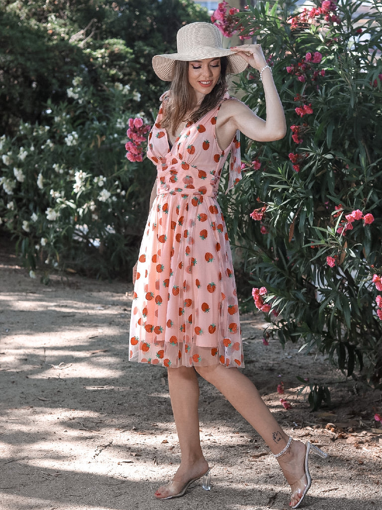 Pink 1950s Strawberry Mesh Swing Dress