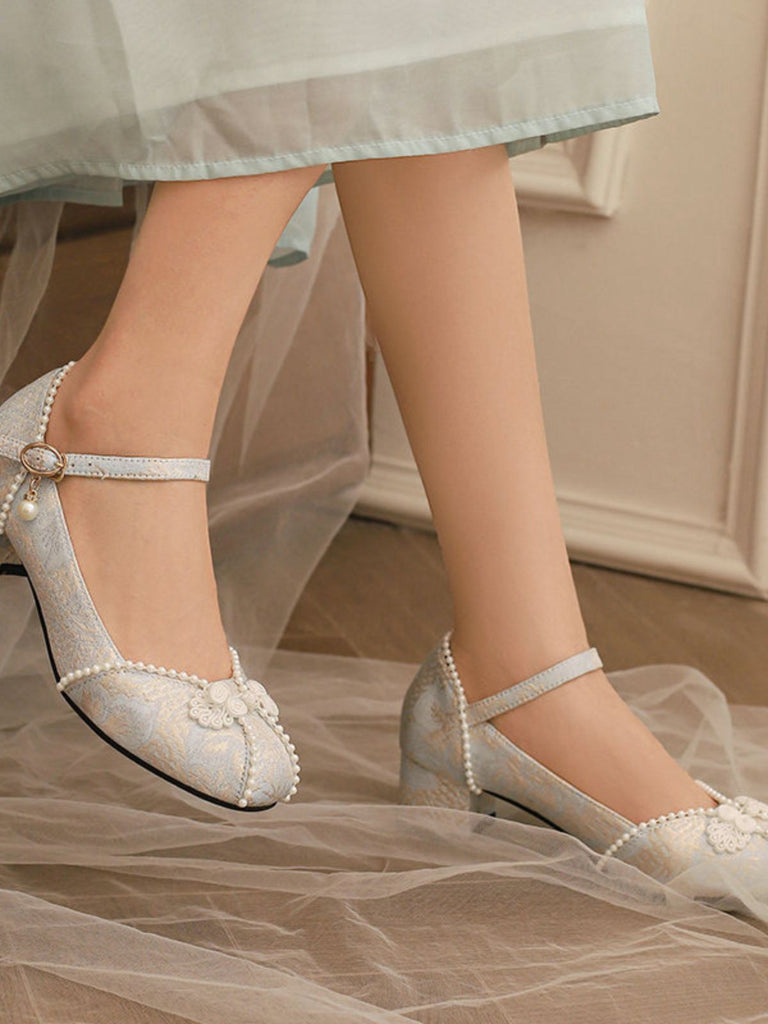 Floral Jacquard Pearl Mary Jane High Heels