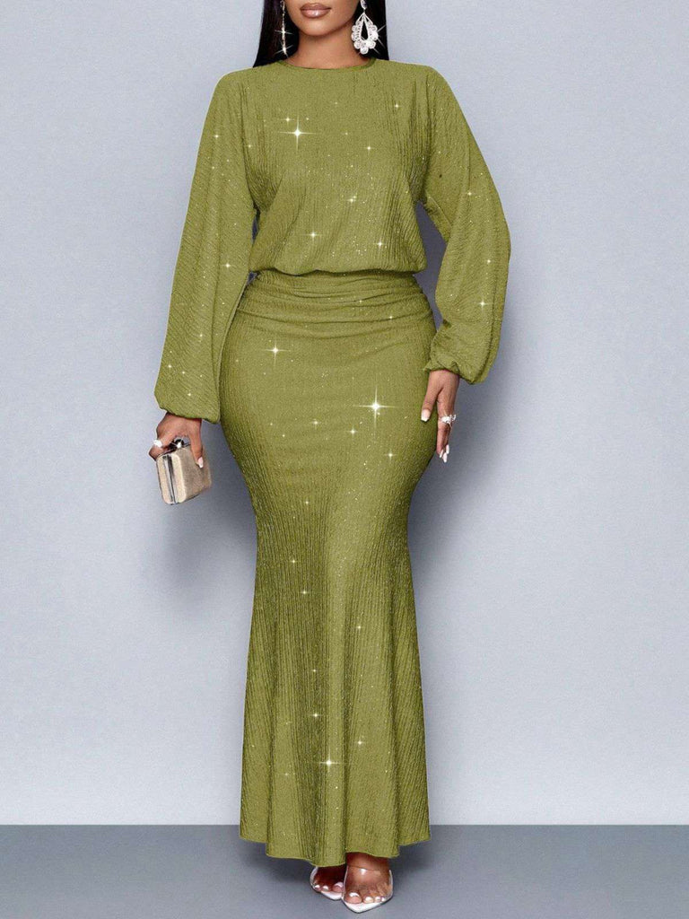 1930s Glitter Ruched Lantern Sleeve Knit Fishtail Dress